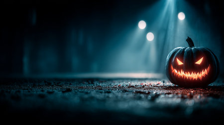 Scary glowing jack-o-lantern with sharp teeth in a dark street under moody blue lighting, creating a spooky Halloween atmosphereの素材