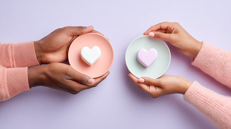 Two people holding pastel plates with heart-shaped marshmallows, symbolizing love and connection on a soft lavender background, close-upの素材