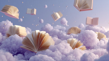 Open books floating among soft pastel clouds in a dreamy surreal sky, symbolizing imagination and knowledge, close-upの素材
