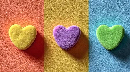 Colorful heart-shaped candies on vibrant textured backgrounds in orange, yellow and blue with strong shadows. Sweetest Dayの素材