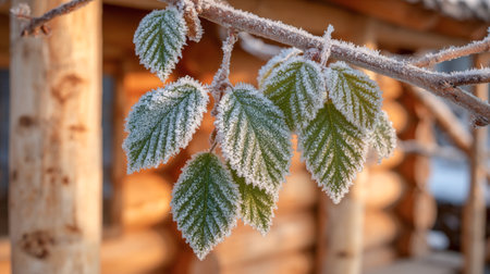 Frost-covered green leaves on a branch in front of a wooden cabin during a cold winter morning, close-upの素材