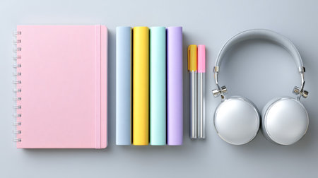 Colorful stationery set with pastel notebooks, pens and modern silver headphones neatly arranged on a gray backgroundの素材