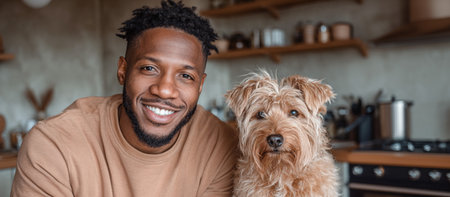 Smiling male with small dog in a cozy kitchen, featuring wooden shelves and kitchen items, creating a warm and inviting scene of friendship and joyの素材