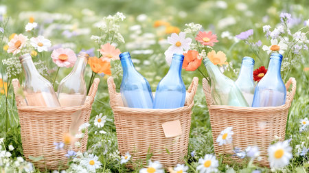 Wicker baskets with colorful glass bottles and wildflowers placed in a blooming meadowの素材