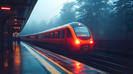 Modern red train arriving at foggy station with glowing lights reflecting on wet platformの素材