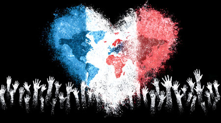 Heart-shaped world map in French flag colors above raised hands symbolizing unity and global solidarityの素材