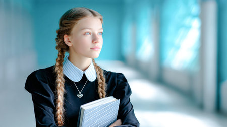 Young girl with braided hair, dressed in black and white, holding a notebook, gazing thoughtfully in a bright, airy interior with soft light and vibrant colorsの素材