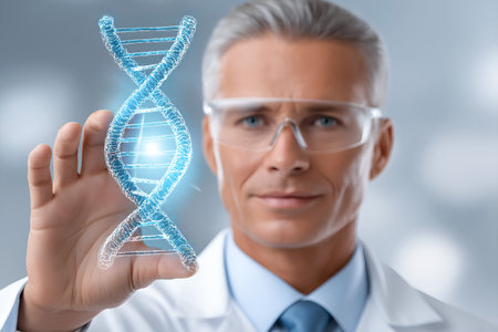 Male researcher in a lab coat displays a luminous DNA model, emphasizing the significance of genetic studies and advancements in biotechnology and molecular researchの素材