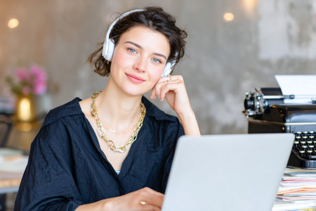 Female professional with headphones is engaged in work on her laptop in a trendy cafe, featuring stylish decor and a vintage typewriter, creating a vibrant ambianceの素材