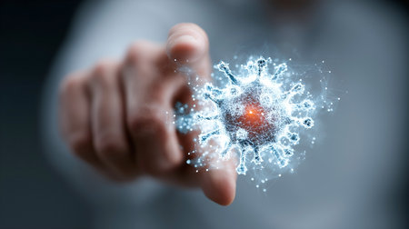 Person pointing at digital 3d rendering of virus particle with glowing network connectionsの素材