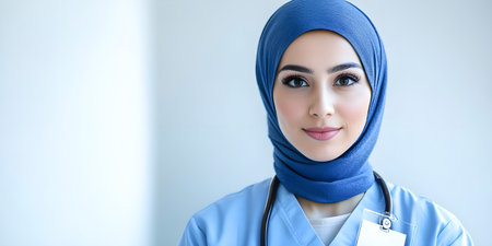 Confident female doctor in blue scrubs and hijab with stethoscope smiling. High quality photoの素材