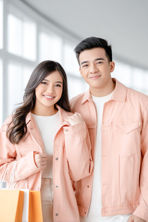 Happy vietnamese couple with shopping bags in stylish outfits reflecting modern lifestyle in vietnam. High quality photoの素材