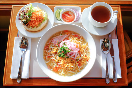 Traditional vietnamese noodle soup served with fresh salad and tea highlighting culinary heritage of vietnamの素材