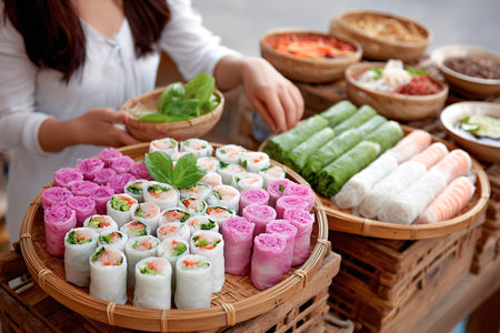 Colorful Vietnamese spring rolls on display at a local market stall, showcasing fresh herbs, vegetables, and traditional flavors in the vibrant food culture of Vietnam.の素材