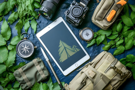 Mock up of tablet featuring nature design, surrounded by photography gear, compass, and tactical bags on textured surface with lush green leavesの素材