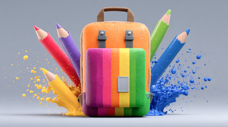 Brightly colored backpack with rainbow stripes is positioned among splashes of paint and colorful pencils, evoking a sense of creativity and artistic inspirationの素材