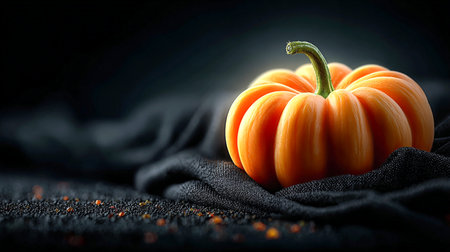 Bright orange pumpkin placed on dark fabric, highlighting its smooth surface and unique shape, surrounded by soft shadows and warm light, evoking a cozy autumn feelの素材