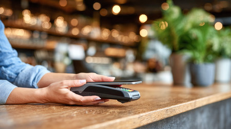 Female customer is making a contactless payment with smartphone at cafe counter, highlighting modern payment methods and a welcoming environment filled with warm lightingの素材