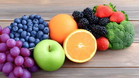 Vibrant collection of assorted fruits including blueberries, grapes, oranges, strawberries, blackberries, and green apple on wooden surface promoting healthy lifestyle choicesの素材