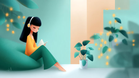 Illustration of girl reading on bean bag with headphones surrounded by plants and warm string lights.の素材