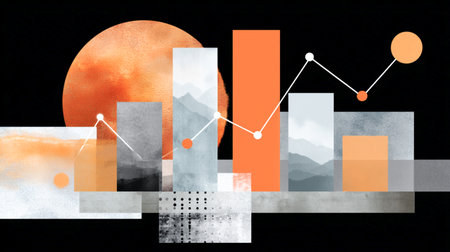 Abstract bar and line chart with watercolor textures and geometric shapesの素材