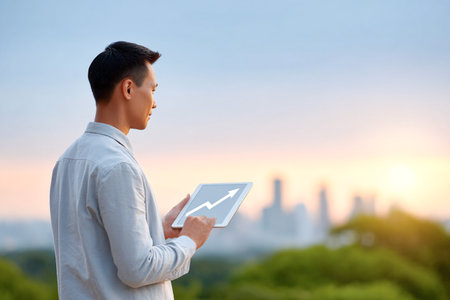 Male professional stands outside, holding tablet with upward trend graph, overlooking city skyline at sunset, representing growth and achievement in businessの素材