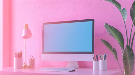 Contemporary workspace showcases a computer monitor with empty screen, stylish lamp, and lush plant against a pink backdrop, perfect for design mock up and creative projectsの素材