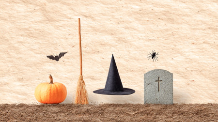 Flat illustration of Halloween elements including pumpkin, broom, witch hat, gravestone, bat, and spider, set against a textured background, evoking a spooky ambianceの素材