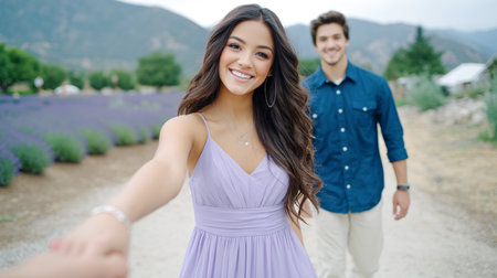 Woman in lavender dress is playfully holding hands with a smiling man in blooming lavender fields, capturing a joyful moment in a beautiful outdoor settingの素材
