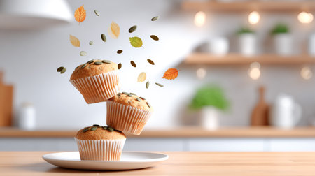 Three muffins with pumpkin seeds are levitating above a plate, surrounded by vibrant autumn leaves in a warm kitchen, highlighting seasonal baking and creativityの素材