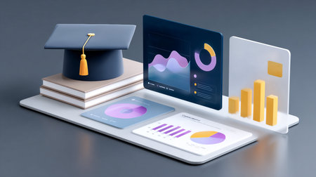 Graduation cap on books with vibrant data charts and graphs, symbolizing educational success and analytical insights in a contemporary settingの素材