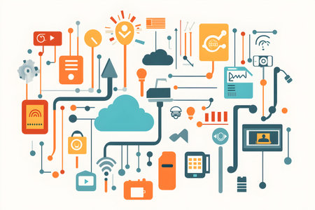Vibrant flat illustration showcasing various technology icons interconnected by lines, symbolizing digital communication, cloud services, and modern technological advancementsの素材