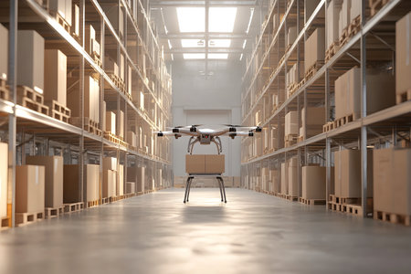 A drone carrying a package hovers in a large warehouse surrounded by neatly arranged cardboard boxes, illustrating advanced logistics and delivery solutionsの素材