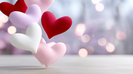 Floating hearts in shades of red, pink, and white above a wooden surface create a romantic ambiance with a soft bokeh background, ideal for love-themed projectsの素材