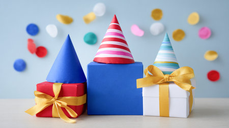 Brightly colored party hats are arranged on gift boxes, enhancing a cheerful scene with decorative elements in the background, ideal for festive events and celebrationsの素材