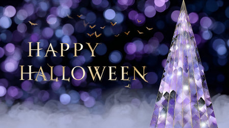 Vibrant Halloween illustration showcases a sparkling crystal tree against a purple bokeh backdrop, with flying bats and festive text, evoking a joyful celebrationの素材