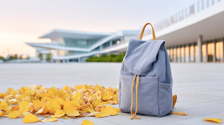 Backpack placed on vibrant yellow leaves, with a contemporary building in the background, evoking a sense of exploration and seasonal beautyの素材