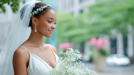 African American bride in stunning white dress, holding delicate flower bouquet, stands outside amidst greenery and gentle rain, embodying a peaceful wedding atmosphereの素材