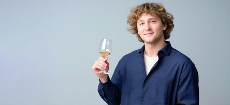 Male with curly hair, dressed in a blue shirt, is cheerfully holding a glass of white wine, set against a soft gray backdrop, conveying a festive atmosphereの素材