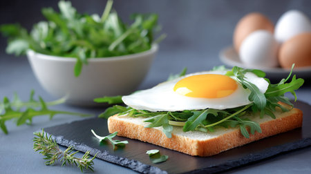 Delicious egg on toast with arugula, presented on a slate plate, accompanied by a bowl of fresh greens and eggs, highlighting a nutritious meal optionの素材