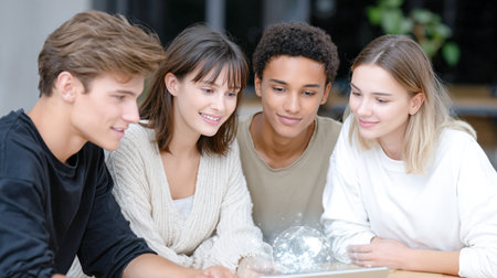 Diverse young adults are collaborating around a laptop, sharing ideas and insights in a bright, modern workspace, emphasizing teamwork and innovationの素材