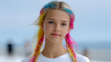Portrait of a generation alpha girl with multicolored braided hair in pink, blue and yellow shades, standing outdoors and looking confidently at the camera. High quality photoの素材
