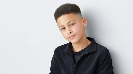 Portrait of a stylish generation alpha boy with short curly hair, wearing a modern black outfit and posing confidently against a neutral background. High quality photoの素材