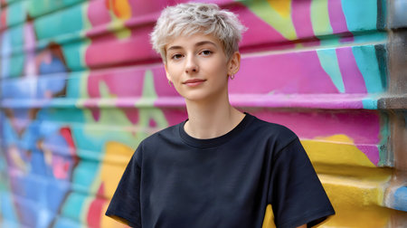Confident young person with short blond hair in black t-shirt standing by colorful graffiti wall. High quality photoの素材
