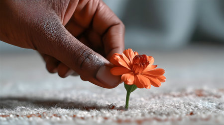 Close-up of hand gently holding an orange flower blooming through a carpet, symbolizing hope and resilienceの素材