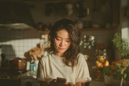Female in a bright kitchen, focused on smartphone, surrounded by fresh fruits and greenery, capturing a warm and inviting ambiance of home lifeの素材