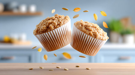 Floating muffins with crumbly topping are displayed above a wooden table, surrounded by scattered seeds, evoking a delightful and inviting kitchen atmosphereの素材