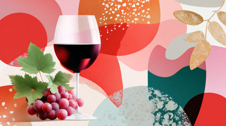 Glass of red wine with grapes and green leaves, placed against an abstract colorful background, showcasing artistic shapes and textures, enhancing visual appealの素材
