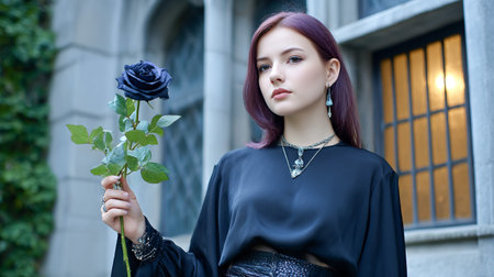 Female figure with purple hair holds a black rose, wearing dark elegant clothing, standing near a historic structure, creating a captivating and mysterious sceneの素材