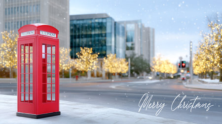 Iconic red telephone booth on a snowy street, illuminated by festive lights and modern architecture, capturing the essence of winter celebrations and holiday spiritの素材